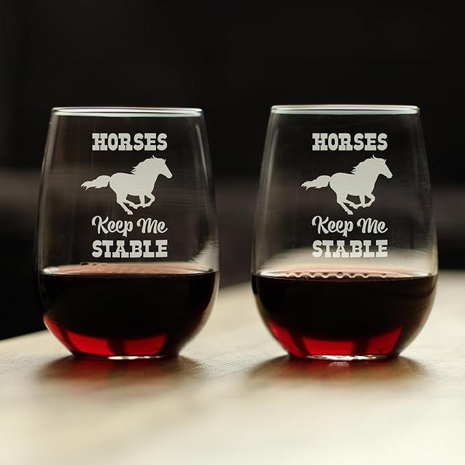 Bevvee Horses Keep Me Stable – Funny Stemless Wine Glass, Large 17 Ounces, Etched Sayings, Gift Box - Set of 2