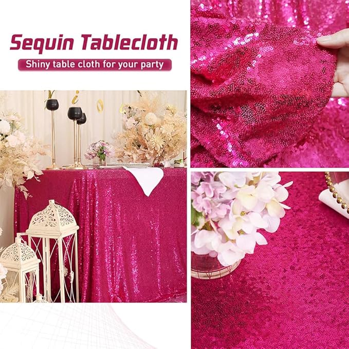 Eternal Beauty Hot Pink Tablecloth, 50x80 Inch Sequin Rectangle Table Cover for Valentines Cake Dessert Exhibition Party Birthday Events