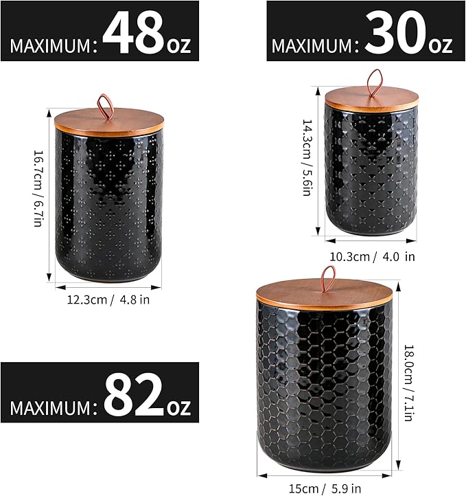 JOJUNO Black Ceramic Canister Set with Wooden Lids – 3-Piece Airtight Food Storage Jars for Kitchen, Embossed Design, Small/Medium/Large Sizes (30/48/82 oz) – Flour, Sugar, Coffee, Tea Containers