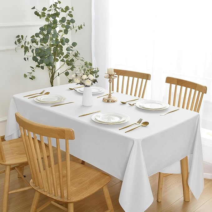 JIUZHEN Faux Linen Farmhouse Tablecloth Rectangular, Wrinkle Stain Resistant Table Cloth Rectangle Table Cover for Kitchen Dining, Holiday Party Dinner, White, 70 x 108 Inch