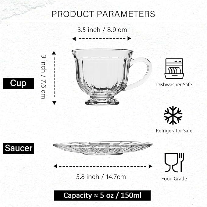 Tea Cups and Saucers Set of 6 - Modern Coffee Mugs - Footed Teacups Set for Espresso Cappuccino Latte Tea - Dishwasher Microwave Safe (5OZ / 150ML)
