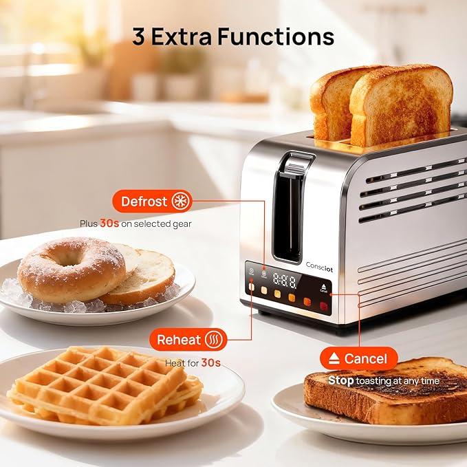 Toaster 2 Slice, Consciot Smart Touch Screen Toasters with 6 Browning Levels, Timer, Reheat/Defrost/Cancel, Extra-Wide Slots, Removable Crumb Tray, Auto Pop-up & Anti Jam, Peak 925W, Stainless Steel