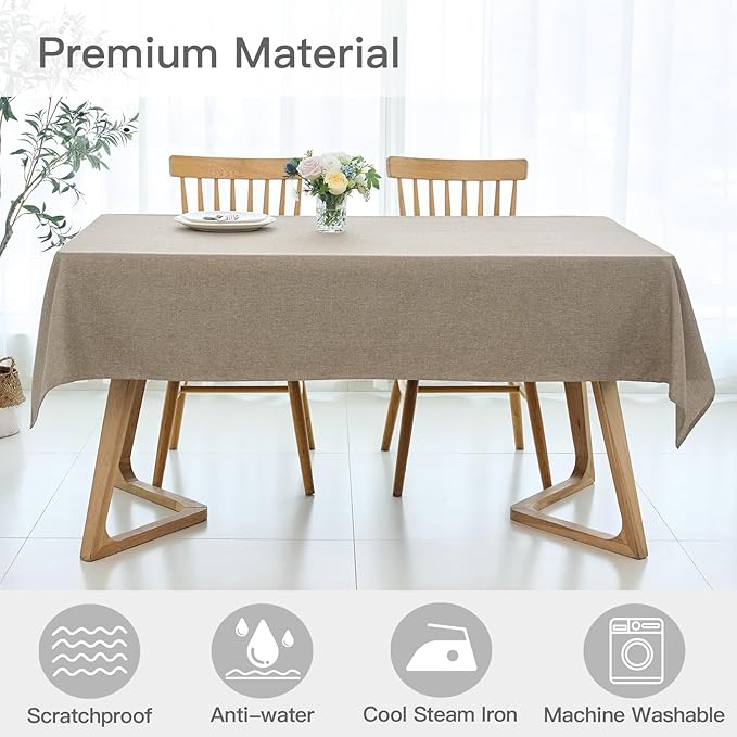 maxmill Linen Textured Rectangular Tablecloth Water Resistant Wrinkle Free Spill-Proof Stain Proof Table Cloth for Dining Room Decoration, Banquet Party Wedding Holiday Dinner, 52 x 84 Inch, Mocha