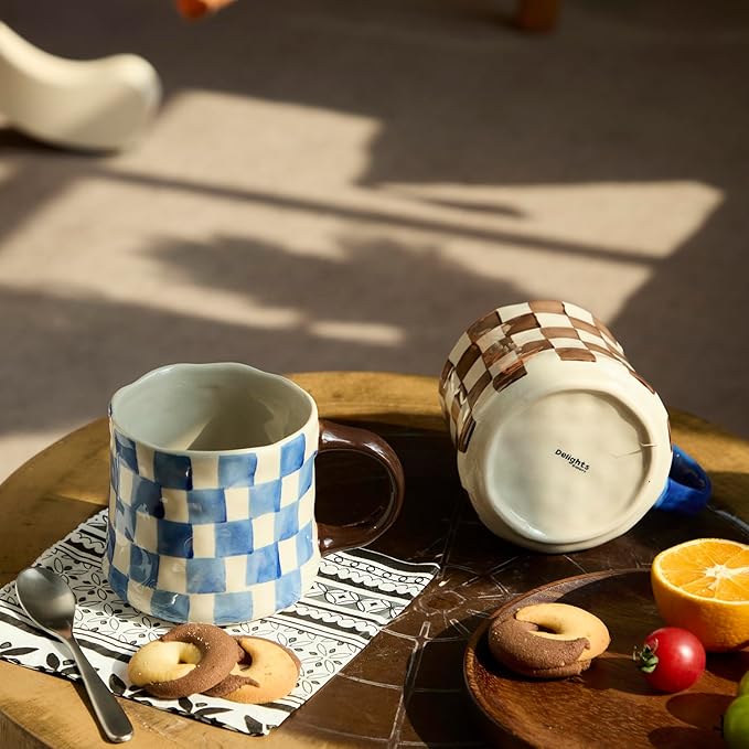 Retro Checkered Ceramic Coffee Mug 16Oz - Extra Large Handle, Microwave Safe Vintage Patterned Tea Cup for Home, Office Brown and White Checkered Pattern, Blue Handle