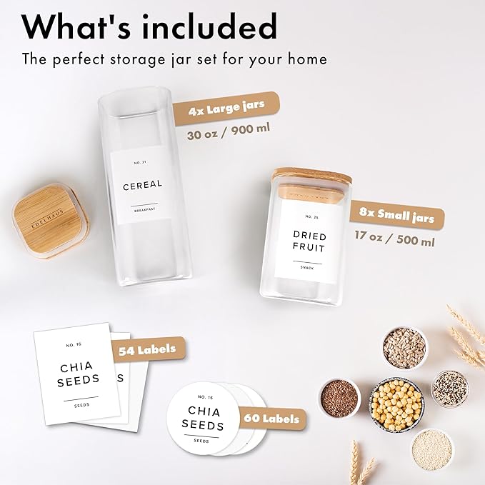 Square Glass Storage Containers with Bamboo Lids 12-Pack (4x 30 oz, 8x 17 oz) Airtight Storage Jars with Lids for Food, Stackable Kitchen Canisters with 114 Labels for Pantry [Thicker Glass 3mm]