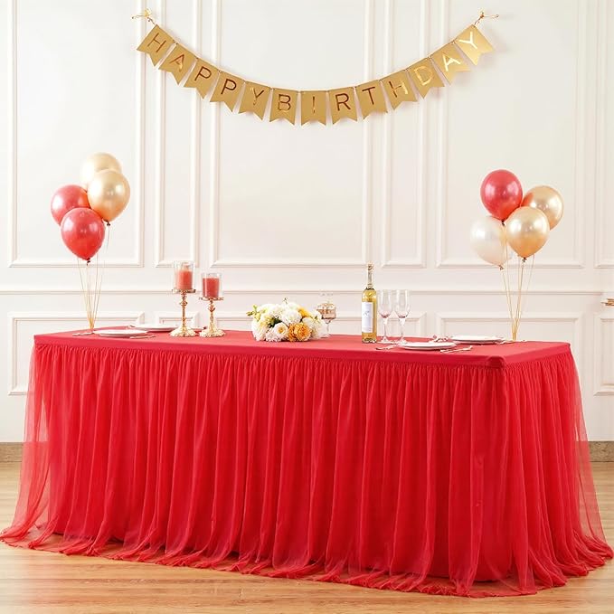 Suppromo Red Tulle Tablecloth for 8 Foot Rectangular Table 8ft Red able Cloths Rectangle Wrinkle Free Table Cover with Tutu Skirt for Wedding Birthday Party Baby Shower Banquet Buffet Cake Event