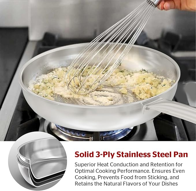 Sunhouse 11 Inch Tri-Ply Stainless Steel Frying Pan, Whole-Clad No Coatings Skillet with Stay-cool Handle for Cooking, Durable & Oven Safe to 500°F, Dishwasher Safe, Compatible with All Cooktops