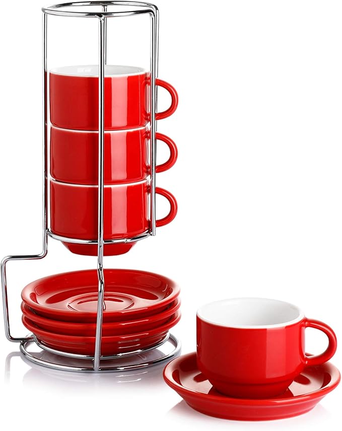 Sweese 4 Ounce Porcelain Stackable Espresso Cups with Saucers and Metal Stand Set of 4, Red
