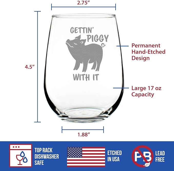 Bevvee Gettin' Piggy With It - Stemless Wine Glass - Pig Decor Gifts for Lovers of Swine and Wine - Large 17 Ounce
