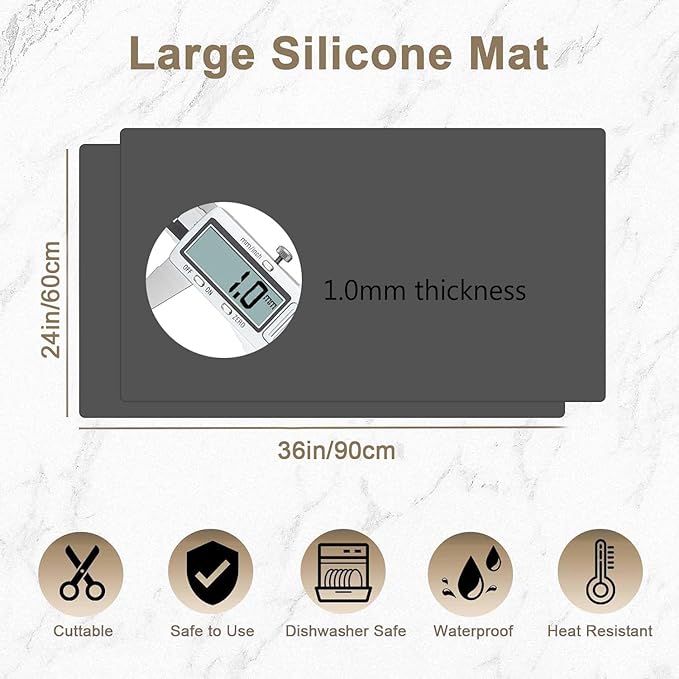 36"x24"(90cmx60cm) Large Silicone Mat for Kitchen Counter, Heat Resistant Non-Slip Countertop Protector, Waterproof Silicone Craft Mat for Kitchen Island, 2Pack (Light Gray)