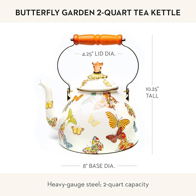MACKENZIE-CHILDS Enamel Tea Kettle, Cute Kitchen Kettle for Stovetop, 2-Quart Capacity, Butterfly Garden