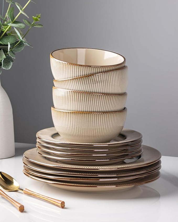 GBHOME Ceramic Dinnerware Sets, 24 Piece Embossed Elegant Stoneware Plates and Bowls Sets, Housewarming Wedding Gift | Dishwasher & Microwave Safe | Dishes Set Service for 8