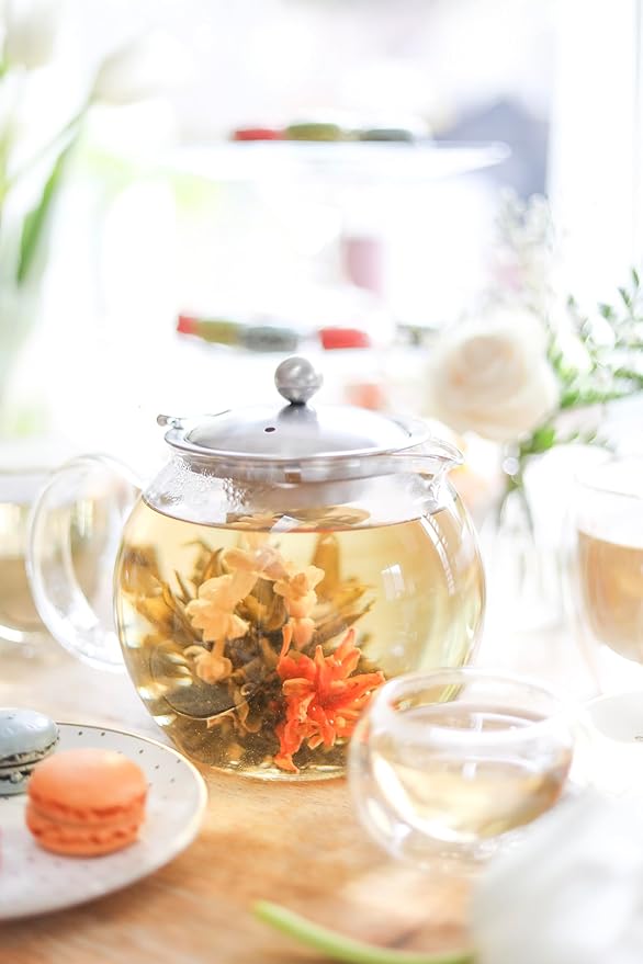 Teabloom Stovetop Safe Glass Teapot with Removable Infuser (40oz/1200ml) and Four Double Walled Glass Cups (5oz/150ml) - Classica Tea Set