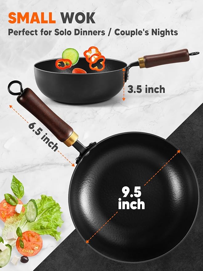 Carbon Steel Wok, 9.5" Bi-Thickness Authentic Chinese Woks & Stir-Fry Pans, Saute Pan with Lid, Deep Fry Pan Flat Bottom Small Wok for 1-2 Servings