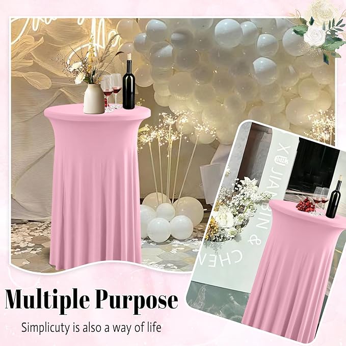 Qubjus 2 Pack Round Cocktail Table Covers with Skirt Stretch Spandex Tablecloth 24"x43" Cocktail Round Tablecloth for Party Wedding Birthday Banquet, Pink