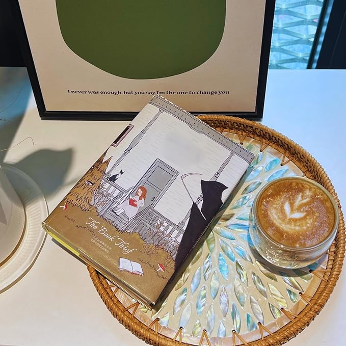 Rattan Serving Tray with Mother of Pearl, Round Coffee Table Tray Decor, Boho Decorative Round Hand-Woven Wicker Home Decor (Galaxy Blue, 12 inch)
