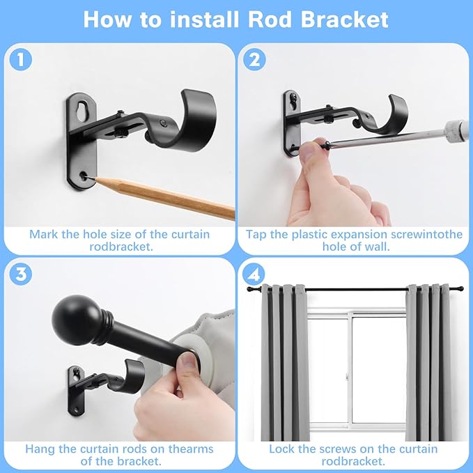 Curtain Rods for Windows 16 to 48 Inches, Curtain Rod Max Adjustable Length of 60 IN, 1" Diameter Drapery Rods Round Finials, Black, Pack of 1