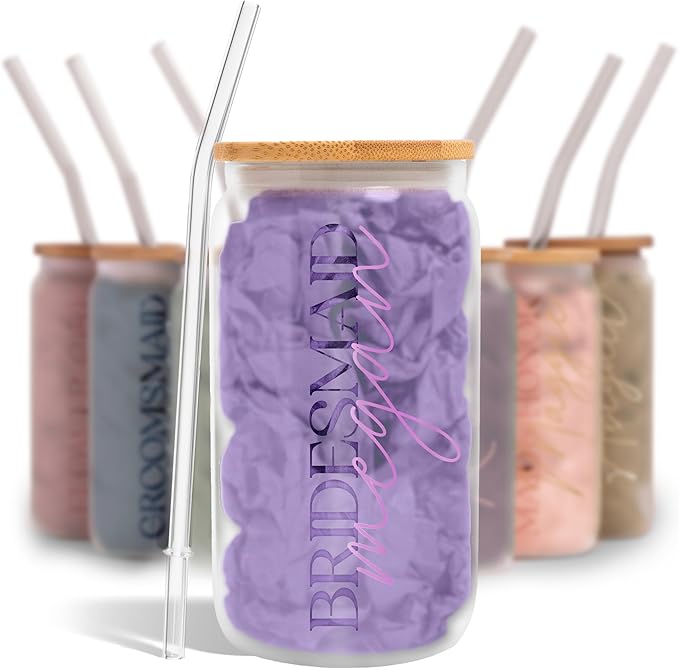 Elegant Frosted Tumbler For Bridesmaid Gifts, Personalized Glass Cup For Bridal Party Wedding Favors, Maid of Honor Cups for Bachelorette Party (FW1) (Lavender Gloss)