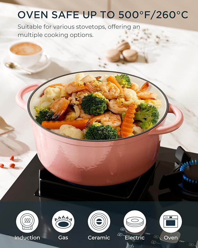 Enameled Cast Iron Dutch Oven - 7.5QT Dutch Oven Pot with Lid & Cotton Potholders - Heavy-Duty Non Stick Casserole Pot for Braising, Stews, Roasting, Baking, Suitable for All Stovetops, Gentle Pink