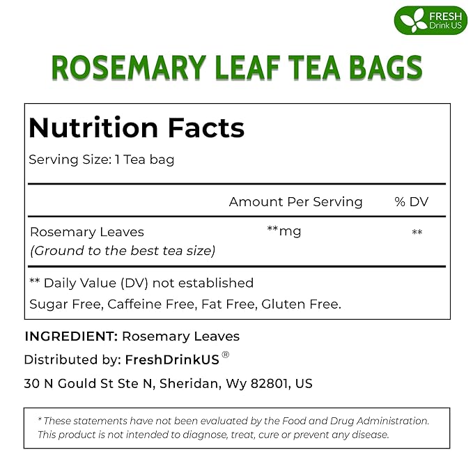 FreshDrinkUS, Premium 40 Rosemary Leaf Tea Bags, 100% Natural and Pure Rosemary Dried Leaves, Pure Herbal Tea, No Additives, No Caffeine, No Gluten, Vegan.