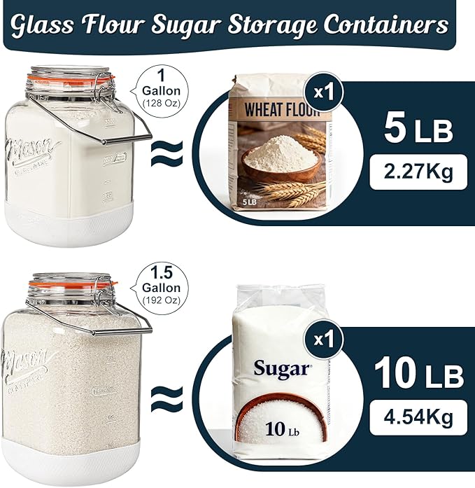 2 Pack 1.5 Gallon Glass Jar With Airtight Lid, Square Large Mason Jars Wide Mouth with Scale Marks and Stainless Steel Handle-192 Oz Non-slip Glass Storage Containers for Flour Sugar Cookie
