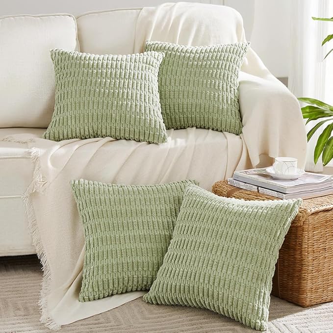 Fancy Homi 4 Packs Sage Green Decorative Throw Pillow Covers 22x22 Inch for Living Room Couch Bed Sofa, Rustic Farmhouse Boho Home Decor Soft Plush Striped Corduroy Square Cushion Case 55x55 cm