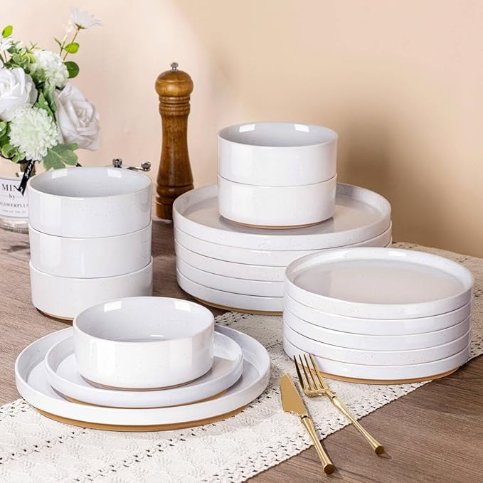 AmorArc Ceramic Dinnerware Set for 6 | Speckled Stoneware Plates and Bowls with Rustic Terracotta Underside| Scratch Resistant,Dishwasher & Microwave Safe Dishes Sets- 18pcs White