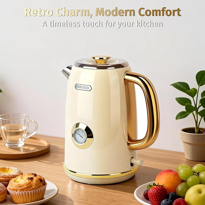 INFOOD Retro Electric Kettle 1.7L/57oz with Thermometer - 1500W Fast Boiling Stainless Steel Hot Water Tea Kettle, BPA-Free, Cordless, Auto Shut-Off, Boil-Dry Protection, White