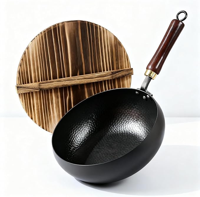 Pre-Seasoned Uncoated Carbon Steel Wok - 10.2 Inch Deep Hammered Hand-Forged Stir Fry Pan, Ready-to-Use Non-Stick Wok with Wooden Handle, Induction & Stovetop Compatible