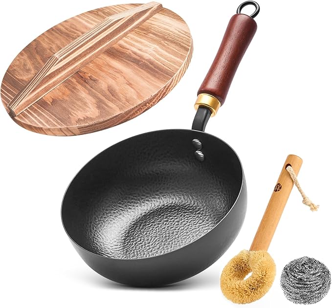 WANGYUANJI 8 Inch Hammered Iron Stir Fry Pan for 1–2 Servings, Removable Beechwood Handle, Traditional Small Wok for Searing, Sautéing, Stir-Frying – Non-Coated, Stovetop Compatible