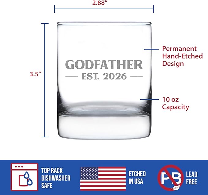 Bevvee Godfather Est 2026 Whiskey Rocks Glass - New Godfather Proposal Gift for First Time Godparents - Bold 10.25 oz