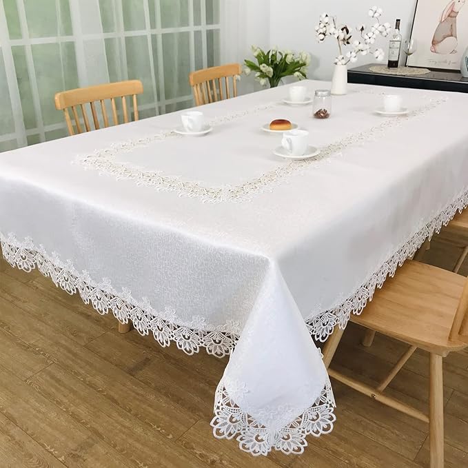 Tablecloths for Rectangle Tables Lace Elegant Decor for Dinning Home Holiday Party Kitchen Easter Christmas Wedding Farmhouse Outdoor Washable Table Linen (H17176-white-1, 72 * 144)