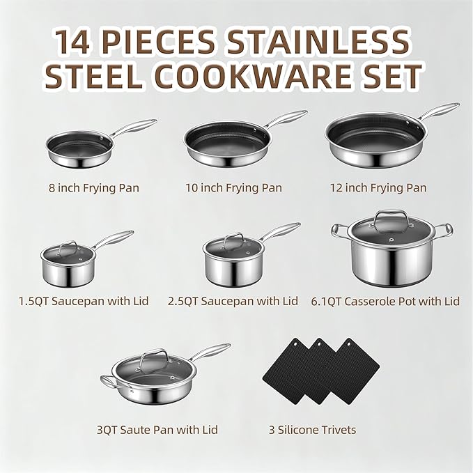 Yoehka 14-Piece Hybrid Stainless Steel Cookware Set, Non-Stick Pots and Pans Set with 3 Silicone Trivets | Induction Compatible Frying Pans, Saucepans, Saute Pan & Stock Pot | Oven Dishwasher Safe