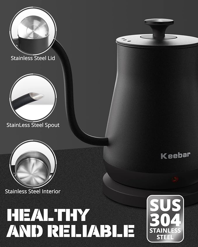 Electric Kettle, Gooseneck Kettle with Auto Shut Off, 0.8L Small Eletric Tea Kettle, Precise Spout Designed for Coffee Tea, 1000W Quick Heat Up, Stainless Steel, Matte Black