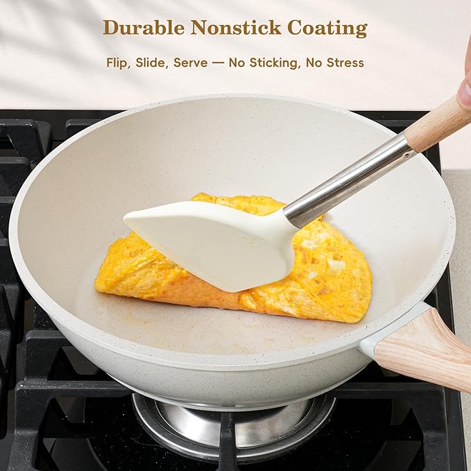 12 Pcs Pots and Pans Set Non Stick, Cookware Sets White Granite Induction Cookware, Non-toxic Healthy Nonstick Kitchen Cooking Set with Frying Pan Set, Saucepans (PFAS/PFOA/PFOS Free)
