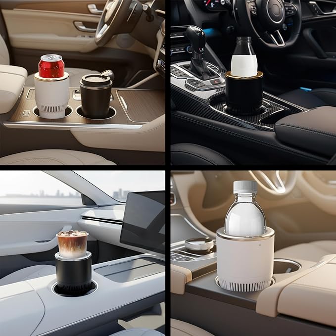 2-in-1 Car Cup Cooler Warmer Smart Temperature Control Travel Coffee Car Cup Holder, Smart Car Tumbler Holder Suitable for Coffee, Baby Bottles, Water, Tea, Drinks (White and Gold)