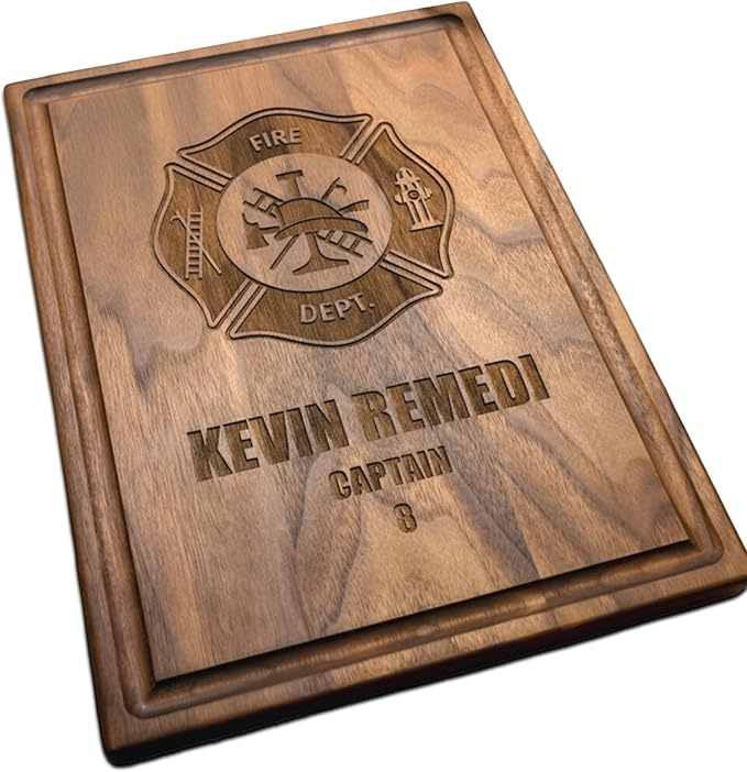 Personalized Cutting Board - Firefighter Gifts for Men, Fireman Retirement, Graduation or Birthday Gift - Custom Gifts, Wood Engraved with Maltese Cross (Firefighter 101)
