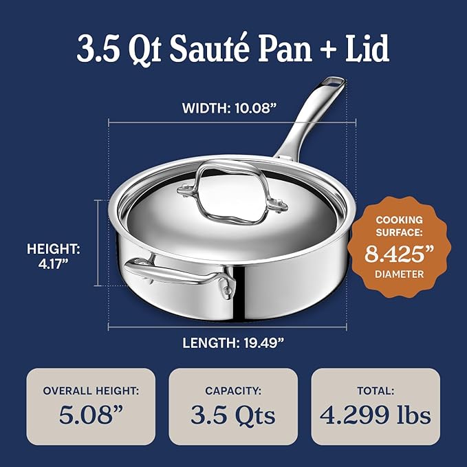 LEGEND COOKWARE 5-Ply Stainless Steel 3.5-Quart Saute Pan with Lid - Induction Compatible, Oven Safe 800°F - Non-Toxic, No Coatings - Even Heating, Won't Warp - Built to Last Generations