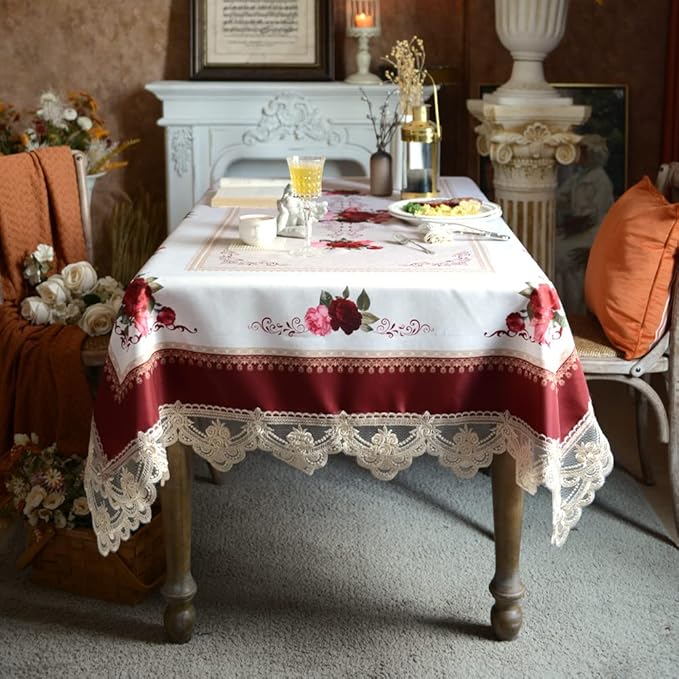 SUTAVIA Lace Embroidered Table Cloth,Rectangular Farmhouse TableCover,Classic Oblong Antique Flower Decor Macrame Tablecloth (Burgundy, Rectangle/Oblong,60 x 104 Inch,8-10 Seats)