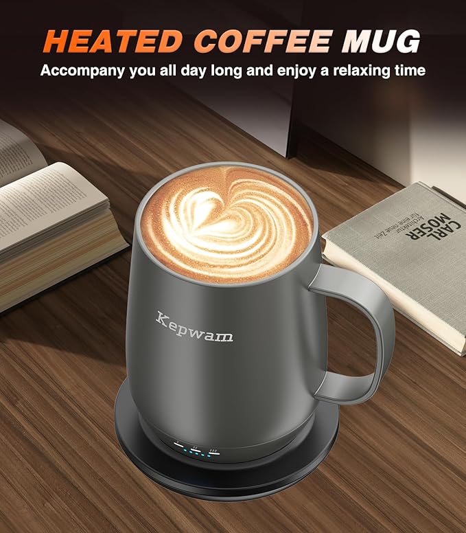 Kepwam Self Heating Coffee Mug T2, 16oz Smart Heated Coffee Mug, 150 Min Battery Life - Hot up to 149℉ Temperature Control Coffee Mug Warmer, Gifts for Dad Mom (No APP)