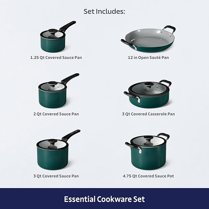 Tramontina Ceramic Non Stick 11-Piece Nesting Pots and Pans Set with Lids - Stackable Nonstick Cookware Set, Dishwasher and Oven Safe, Teal