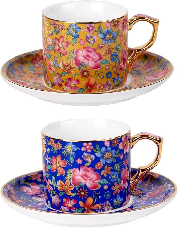 KAMMAK Tea Cups and Saucers Set of 2, Ceramic Coffee Cup with Saucer for Espresso, Cappuccino, 7oz Vintage Yellow and Blue Floral Porcelain Novelty Mug for Home, Tea Party, Office