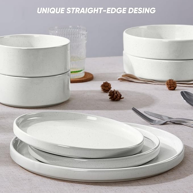 E-far 16-Piece Plates and Bowls Sets - Stoneware Dinnerware Sets with Pasta Bowls for 4 | Microwave & Dishwasher Safe Kitchen Modern Dish Set, Speckled White