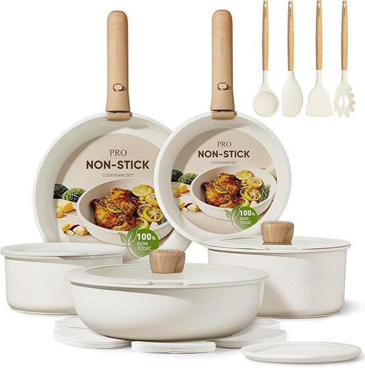 CAROTE 19pcs Pots and Pans Non Stick, Cookware Sets Detachable Handle, Induction Kitchen Pots and Pans,NonStick Cooking Set, Oven/Dishwasher/Fridge Safe, Space Saving