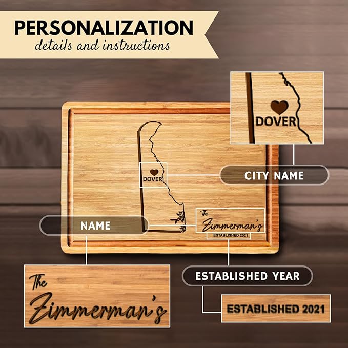Delaware Gifts Cutting Board, Personalized Wood New Home Gift, Housewarming Destination Engraved Gifts, State Shaped Bamboo Gifts