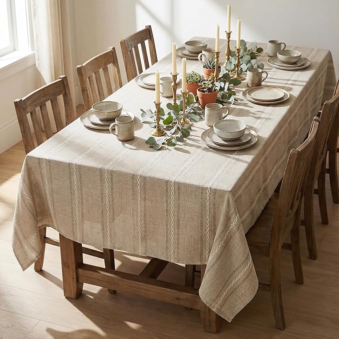 Horaldaily Light Coffee Cotton Blend Tablecloth 60×120 Inch Rectangular, Farmhouse Style, Wrinkle Resistant Washable Table Cloth, Hemstitched Embroidery Table Cover for Home