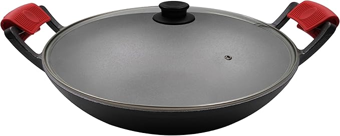 Crucible Cookware 14-Inch Cast Iron Wok Set (Pre-Seasoned), Glass Lid & Silicone Hot Handle Holders