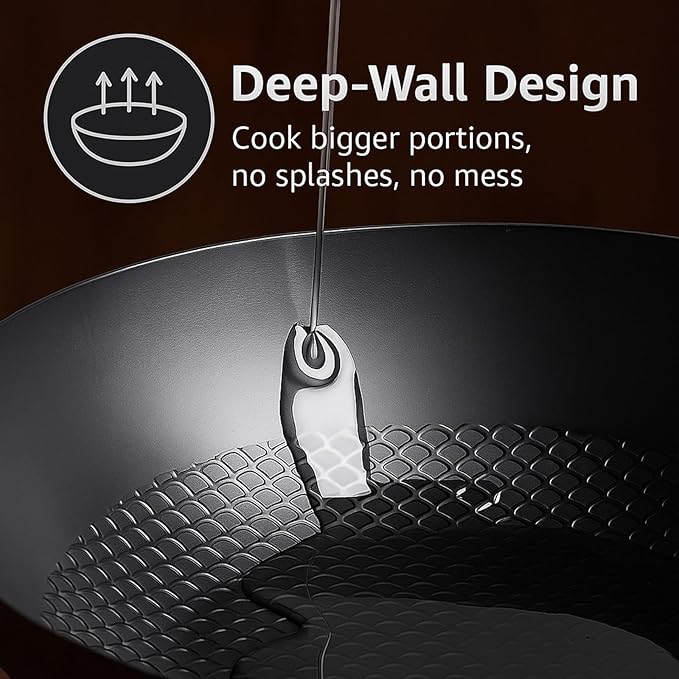 Carbon Steel Wok Pan, Fish Scale Pattern Flat Bottom Stir Fry Pan (Seasonable Nonstick, Induction & Gas Compatible) – High-Wall Handmade Pan, Sizes 20/22/24/28cm, Optional Glass Lid (24cm)