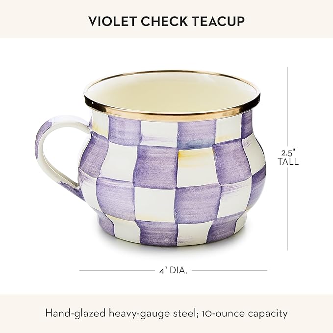 MACKENZIE-CHILDS Enamel Teacup, Unique Coffee and Tea Mug, Enamel Cup for Hot Tea, Purple-and-White Violet Check