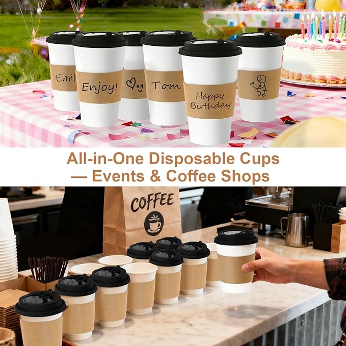 16 oz 100 Pack Coffee Cups with Lids and Sleeves, Straws, Hot Disposable To Go Travel Paper Cups Bulk for Office, Home Coffee Bar Accessories, Chocolate, Cocoa, Beverage (Black)